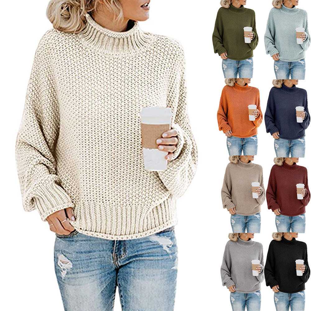 Women thick thread high neck pullover sweater女粗线套头毛衣
