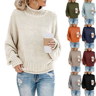 Women thick thread high neck pullover sweater女粗线套头毛衣
