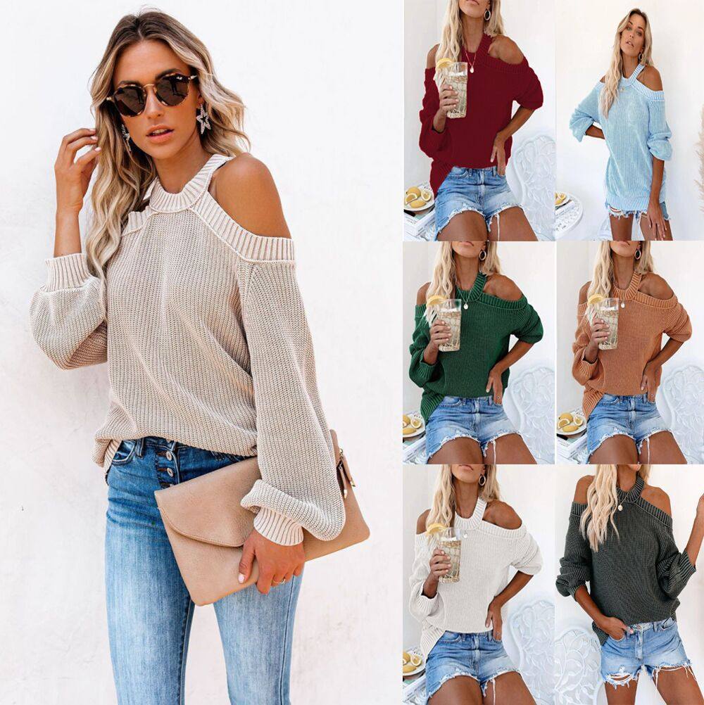 Women sexy off shoulder loose knit sweater女性感露肩宽松毛衣