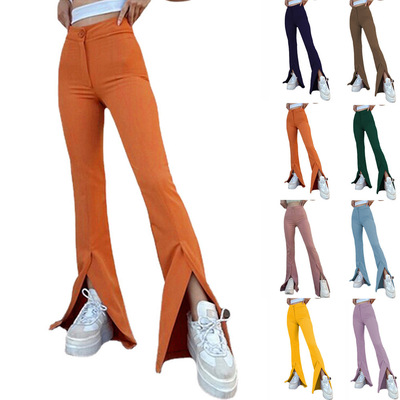 Women's slit solid color bell bottom pants女开叉纯色喇叭裤
