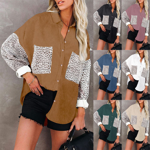 Women leopard print corduroy shirt秋冬豹纹女衬衫翻领坑条外套