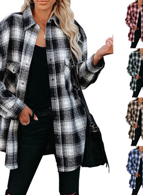 Autumn women mid length checkered shirt秋季女中长款格子衬衫