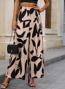 Women's printed casual pants with wide legs女装休闲裤阔腿裤