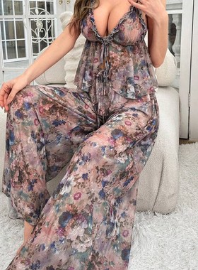 Women's mesh printed sexy pajama set网纱印花性感睡衣套装