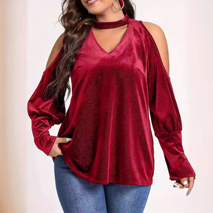 neck wide sleeved sequined top long shoulder Women truffle