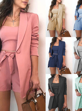 Women's solid color vest+shorts+suit jacket three piece set