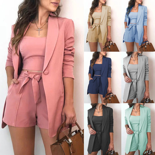 Women's solid color vest+shorts+suit jacket three piece set
