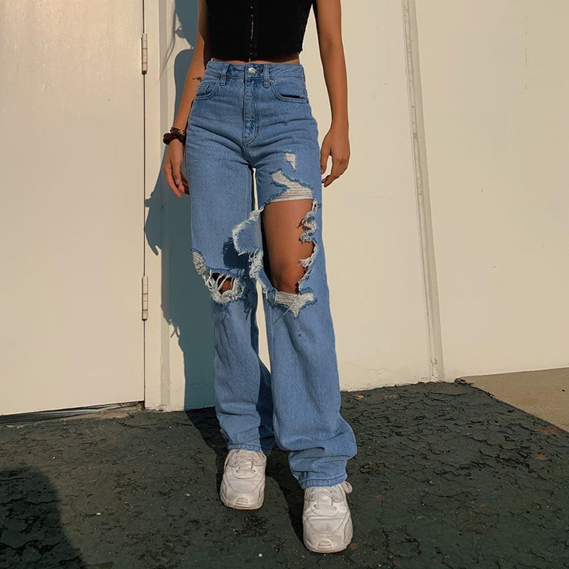 Women high waisted ripped wide leg jeans牛仔裤高腰显瘦破洞女