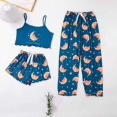 piece suspender Women sleepwear three set女背心家居服套装