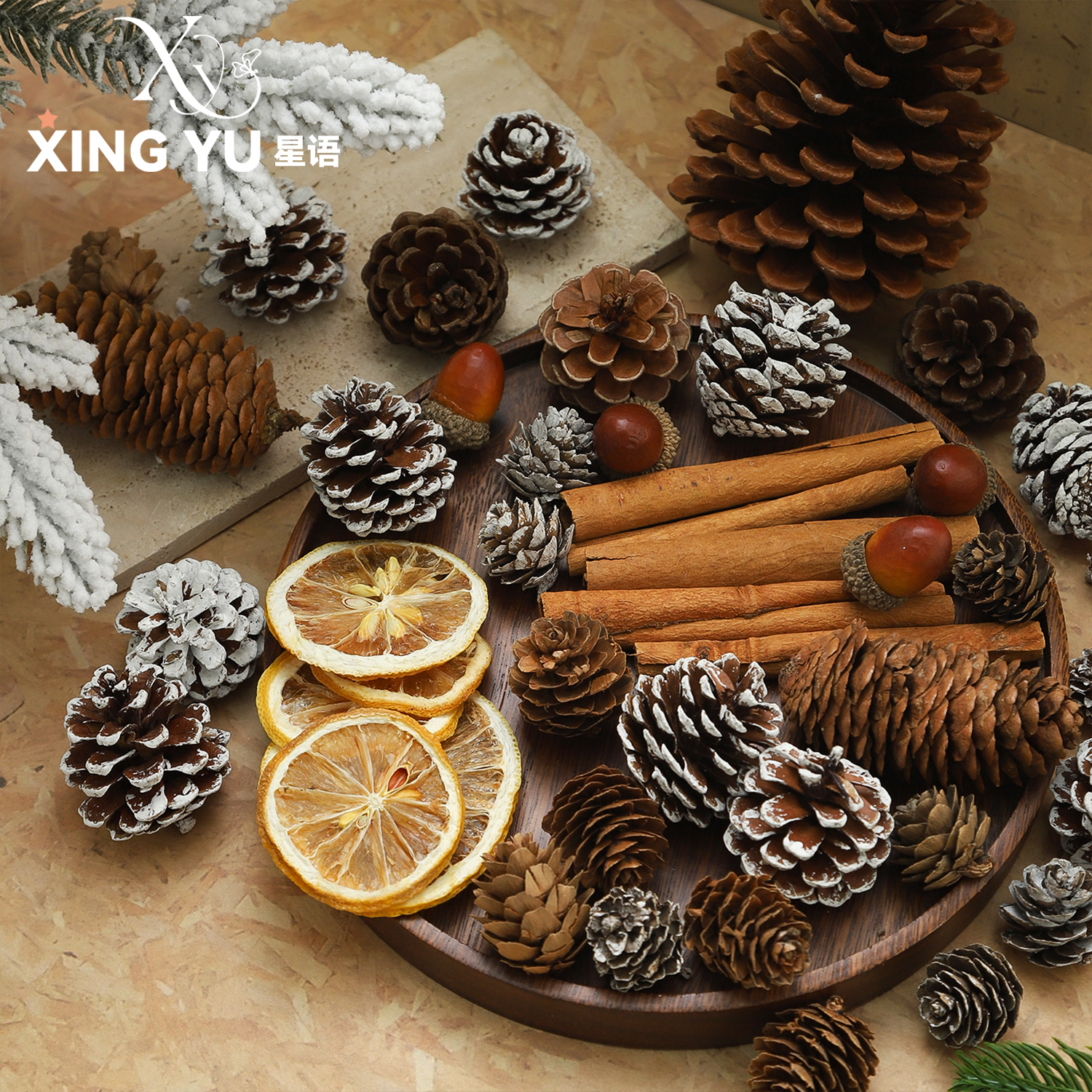 圣诞节天然松果桂皮柠檬片diy