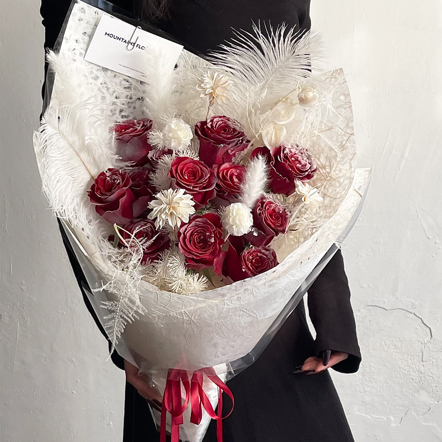 圣诞落雪花束包装纸入冬红玫瑰