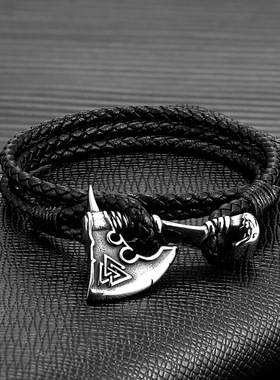 真皮手环手工编织手链皮质手环潮流饰品个性不锈钢复古斧头吊坠