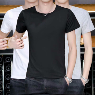 S-5XL小码男士短袖t恤V领黑白纯色体恤修身打底衫夏季冰丝半袖9.9