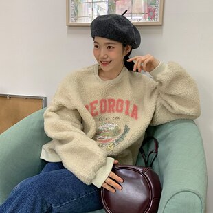 已出货 韩版字母印花羊羔毛卫衣女秋冬新款宽松加厚保暖套头上衣