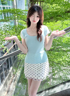 时尚套装女夏季新款小清新针织短袖T恤显瘦韩版波点半身裙两件套