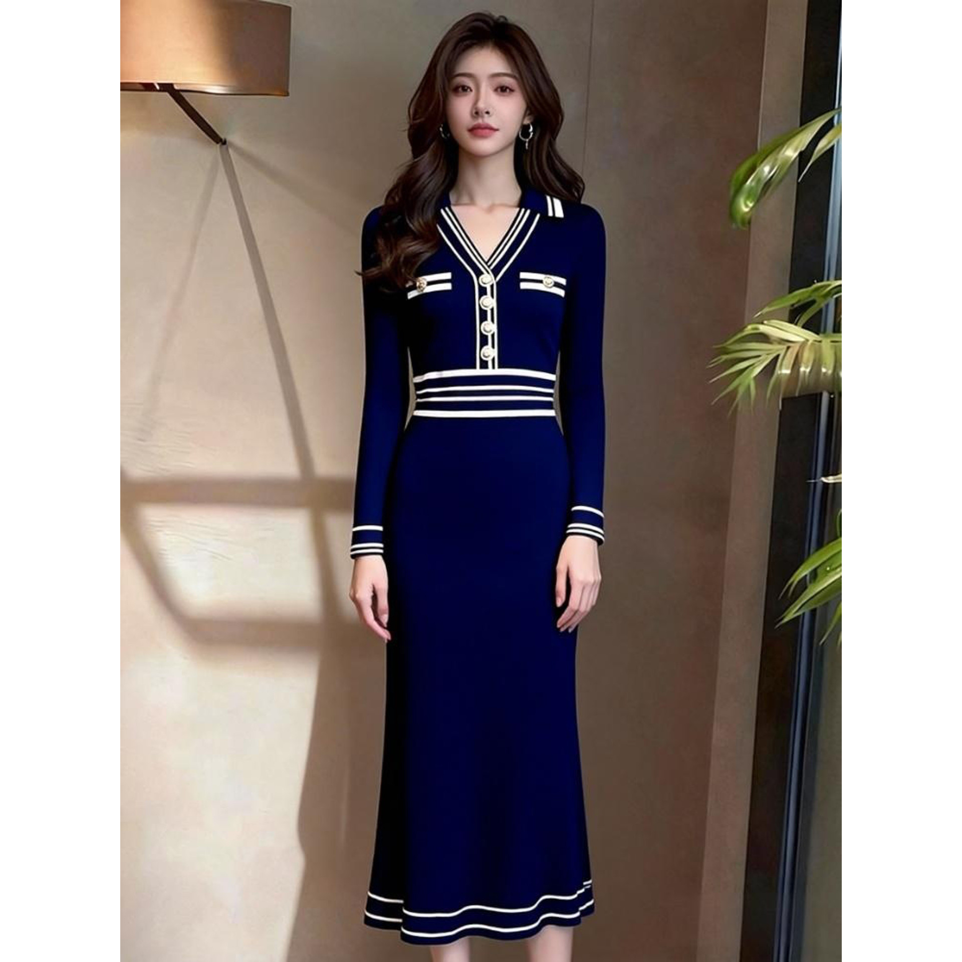 韩国气质名媛高端女神范端庄今年流行小香风毛衣连衣裙针织裙长袖