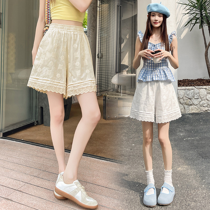 实拍镂空拼接蕾丝花边短裤女2026夏季新款宽松透气休闲百搭五分裤