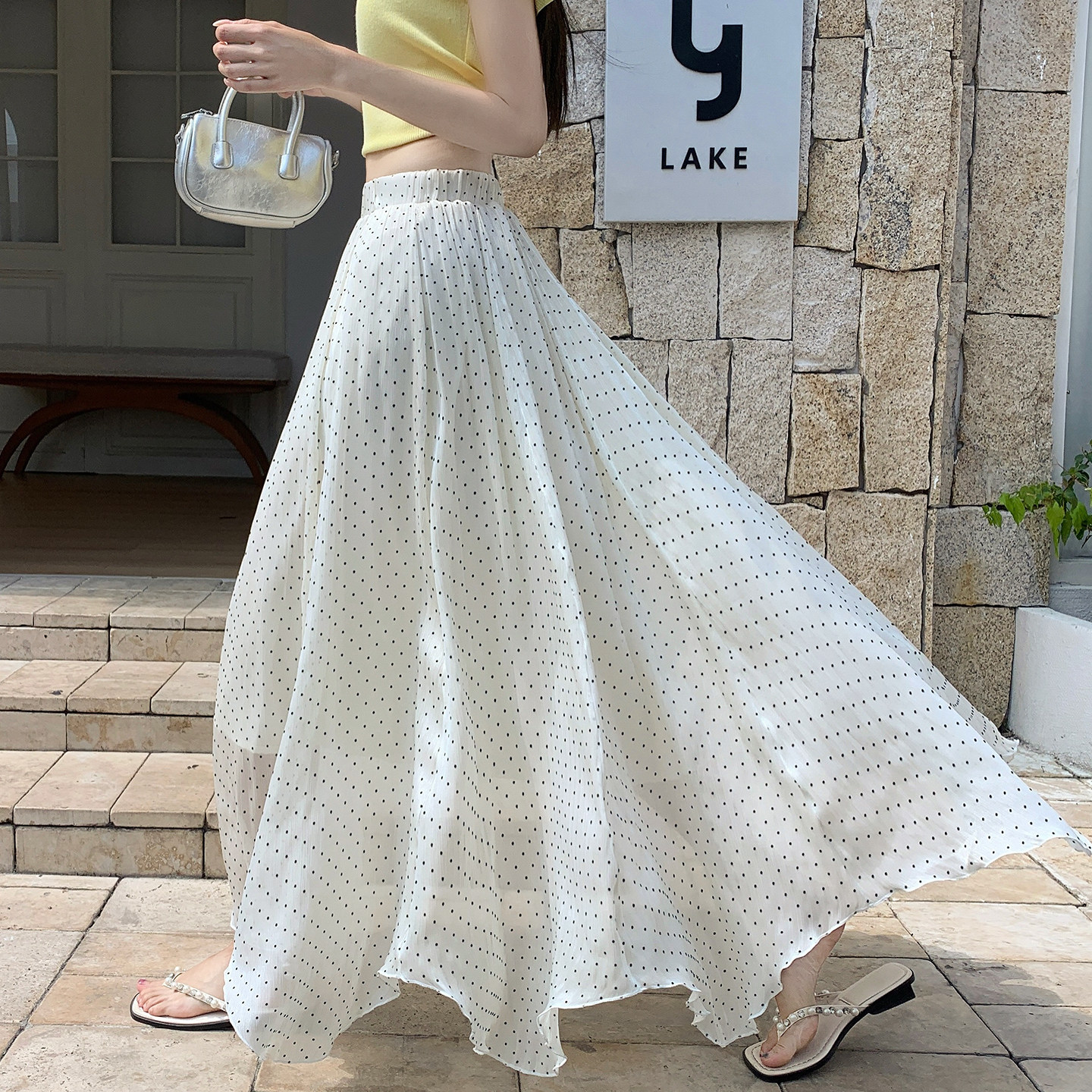 韩系流光纱波点半身裙女夏季不规则洋气长裙小个子高腰显瘦a字裙