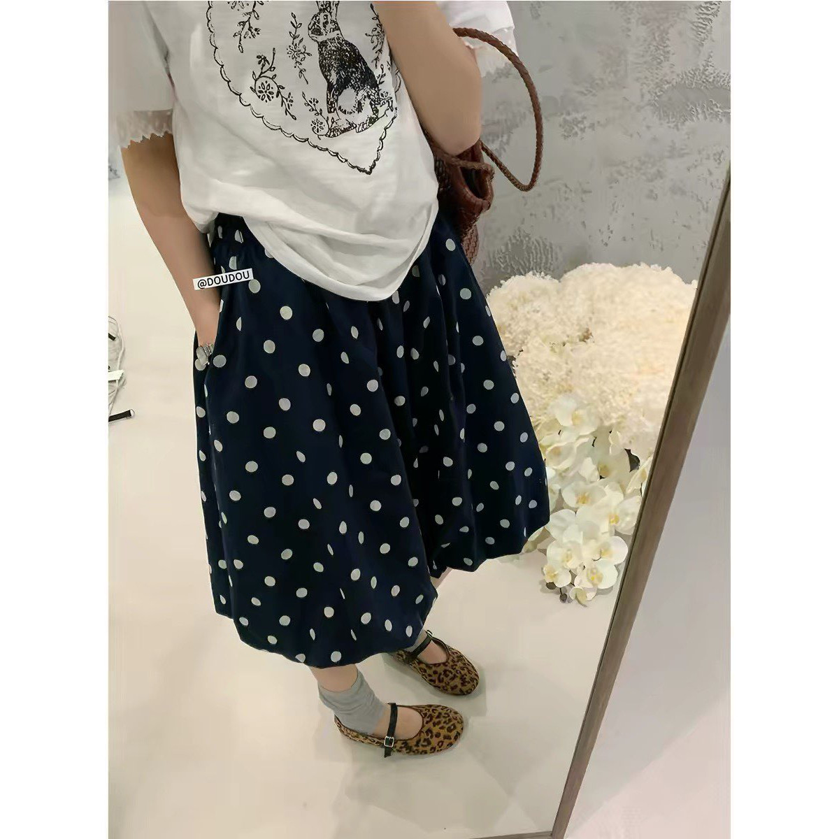 韩系少女穿小众波点印花显瘦花苞裤裙百搭职业女裤套装五分裤
