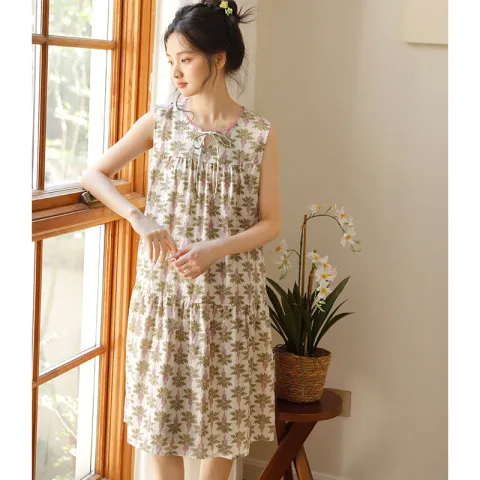 宽松连衣裙女士森系睡衣女家居服夏季可外穿无袖棉纱