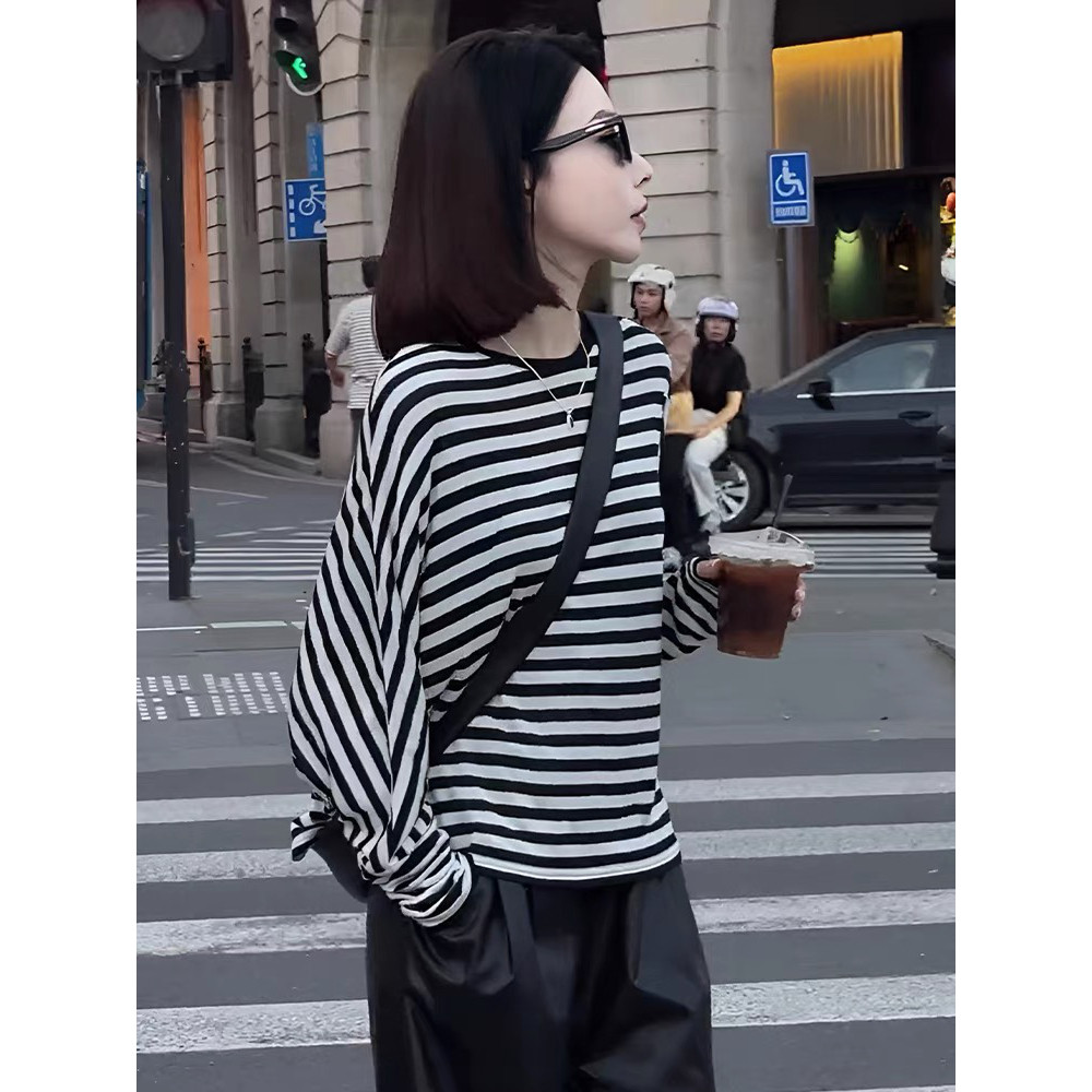 夏季薄款条纹衣女款2026新款衫长袖上衣T恤其他休闲风短袖潮牌
