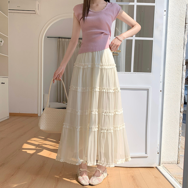 法式木耳边蛋糕裙流光纱半身裙女2026春夏仙女蛋糕长裙a字大摆裙