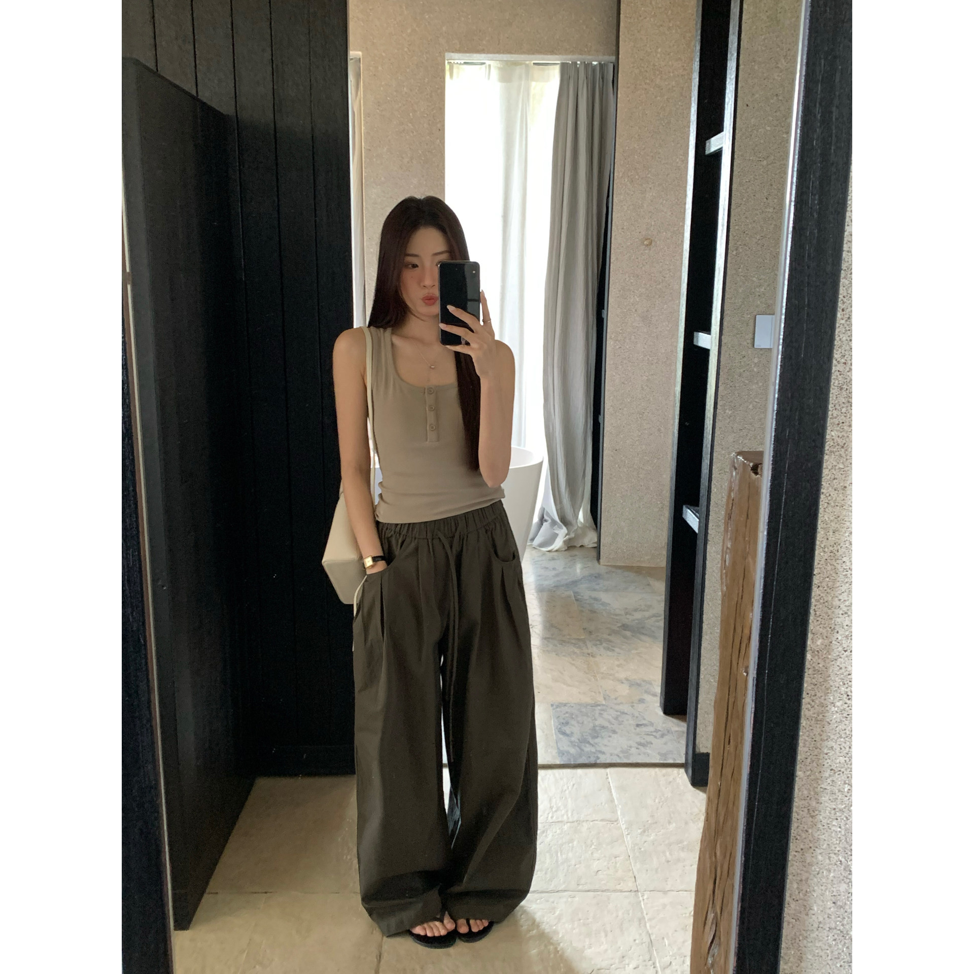 绿色高腰褶皱工装裤夏宽松百搭阔腿裤通勤休闲职业女裤套装其他