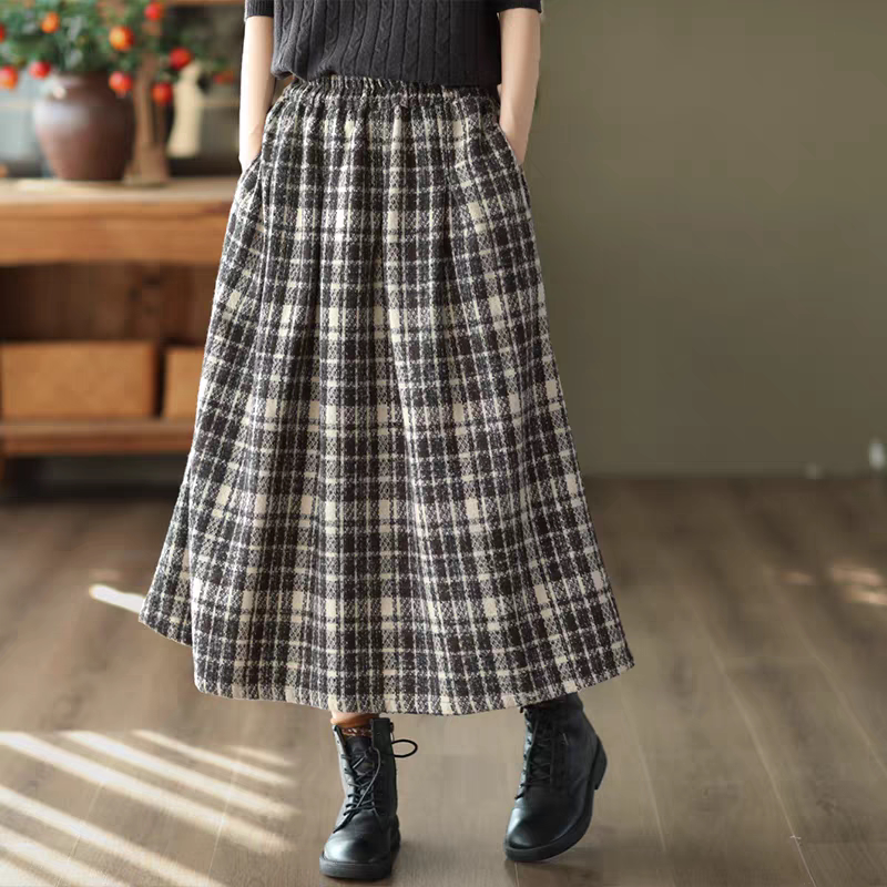 复古加厚毛呢半身裙女格纹A字裙显瘦呢子格子女裙通勤其他裙半身