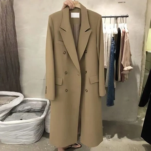 韓版 外套女春秋季 網紅寬松雙排扣風衣感休閑西服大衣 西裝 長款