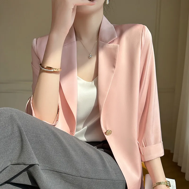 春夏薄款女士醋酸缎面小西装外套设计感气质修身西服上衣百搭