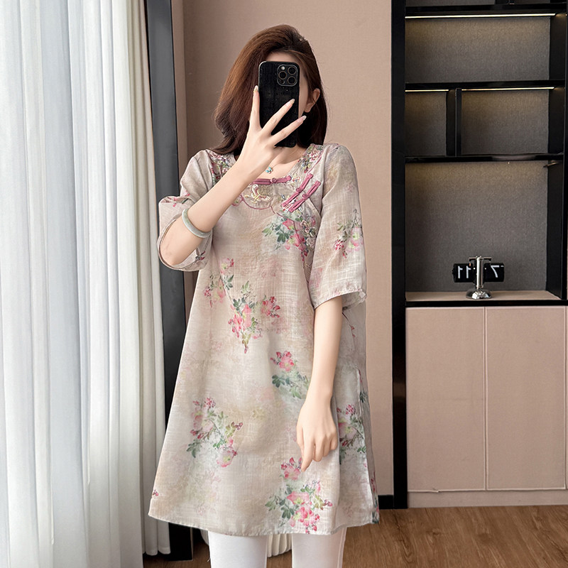 麻棉印花绣花时尚宽松显瘦大码女装五分袖连衣裙子夏季新款阔太太