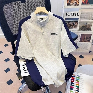 夏季 上衣 复古运动拼色立领刺绣T恤女五分袖 设计感日韩休闲polo衫