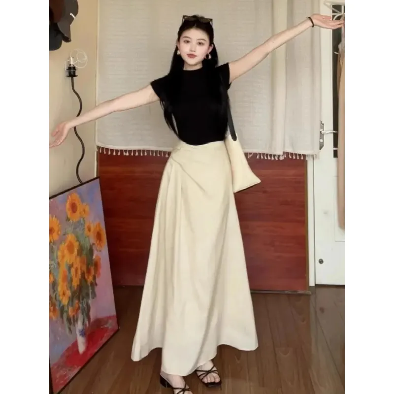 套装女2025夏季新款韩系减龄温柔风修身短袖T恤上衣高腰半身裙潮