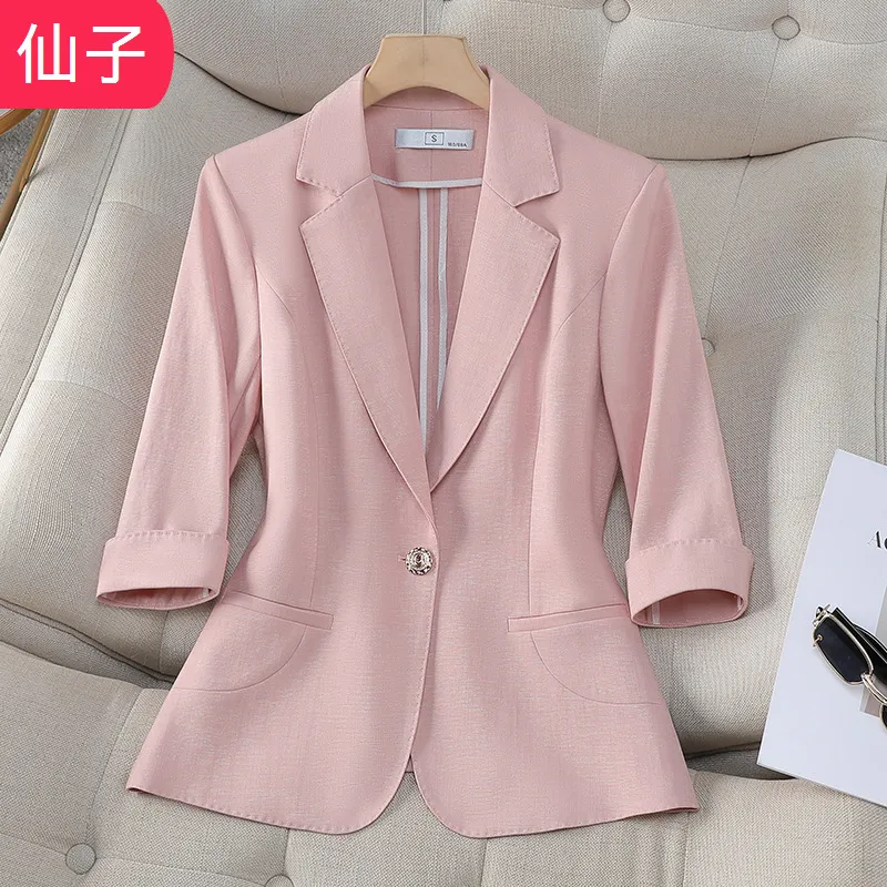 韩版气质短款小个子西服中袖薄款年春夏新款粉色小西装外套女
