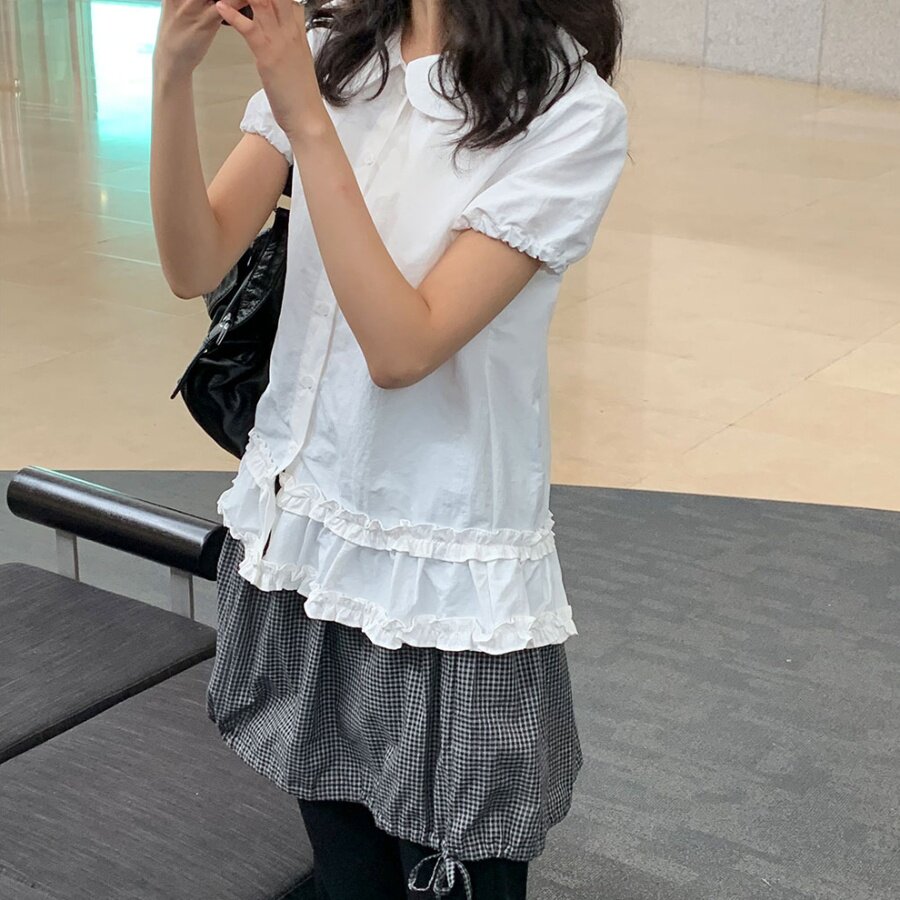 韩国ins复古休闲娃娃领双层泡泡袖衬衫上衣防晒防晒夏季服防晒