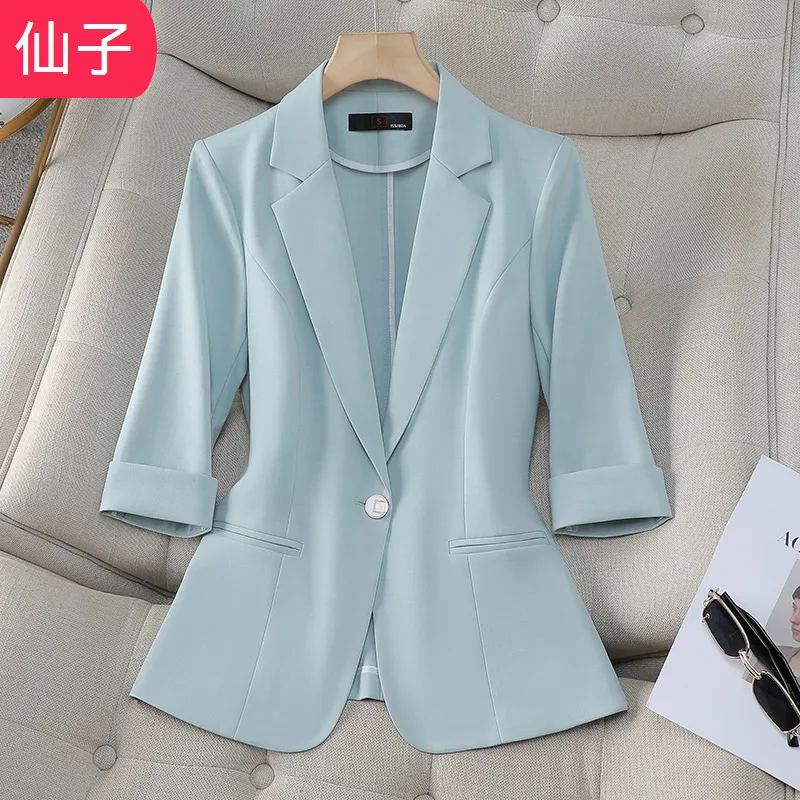 中袖蓝色西装外套女春夏季新款韩版女士小个子西服休闲正装薄