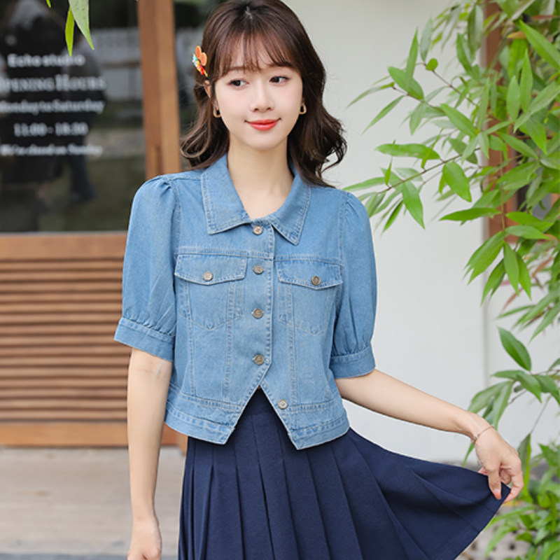 牛仔女2023新款蓝色短袖小坎肩开衫上衣百搭短外套薄马夹纯色其他