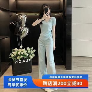 甜美温柔系上衣阔腿裤 蓝色休闲运动套装 时尚 女夏季 两件套 2025新款