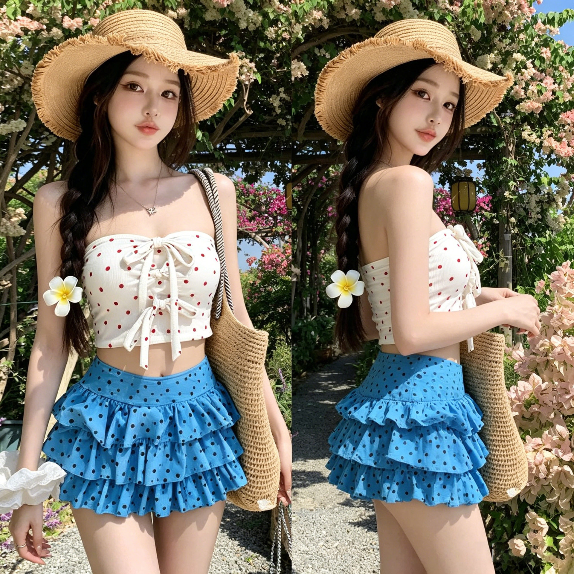 多巴胺系带抹胸蛋糕裙女夏海岛度假两件套比基尼性感度假游泳衣女