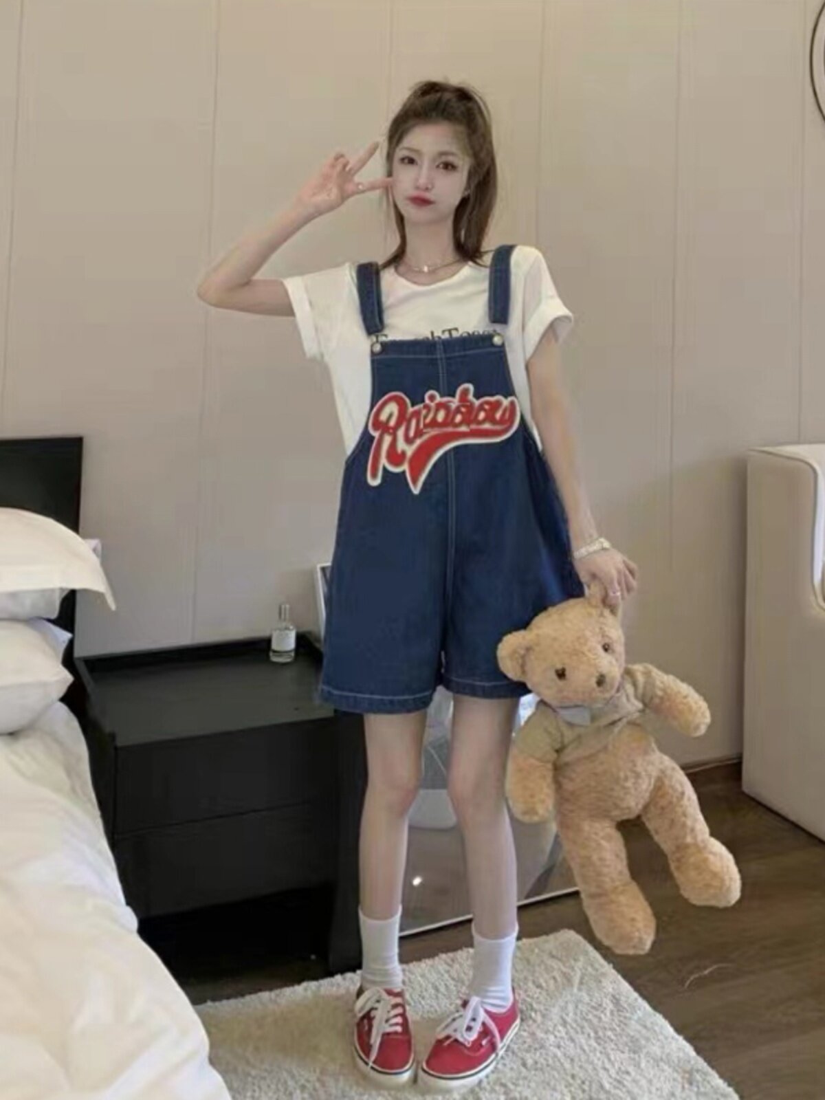 AMERICAN RETRO FASHION BRAND EMBROIDERED DENIM BIB SHORTS WOMENS DESIGN SENSE NICHE JUMPSUITS SMALL MAN WIDE LEG PANTS