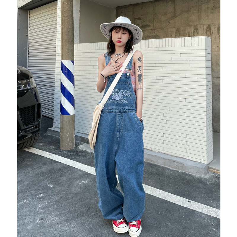 HEAVY INDUSTRY EMBROIDERED DENIM BIB WOMENS SUMMER THIN HIGH-WAISTED LOOSE SLIM AMERICAN RETRO WIDE-LEG MOPPING TROUSERS