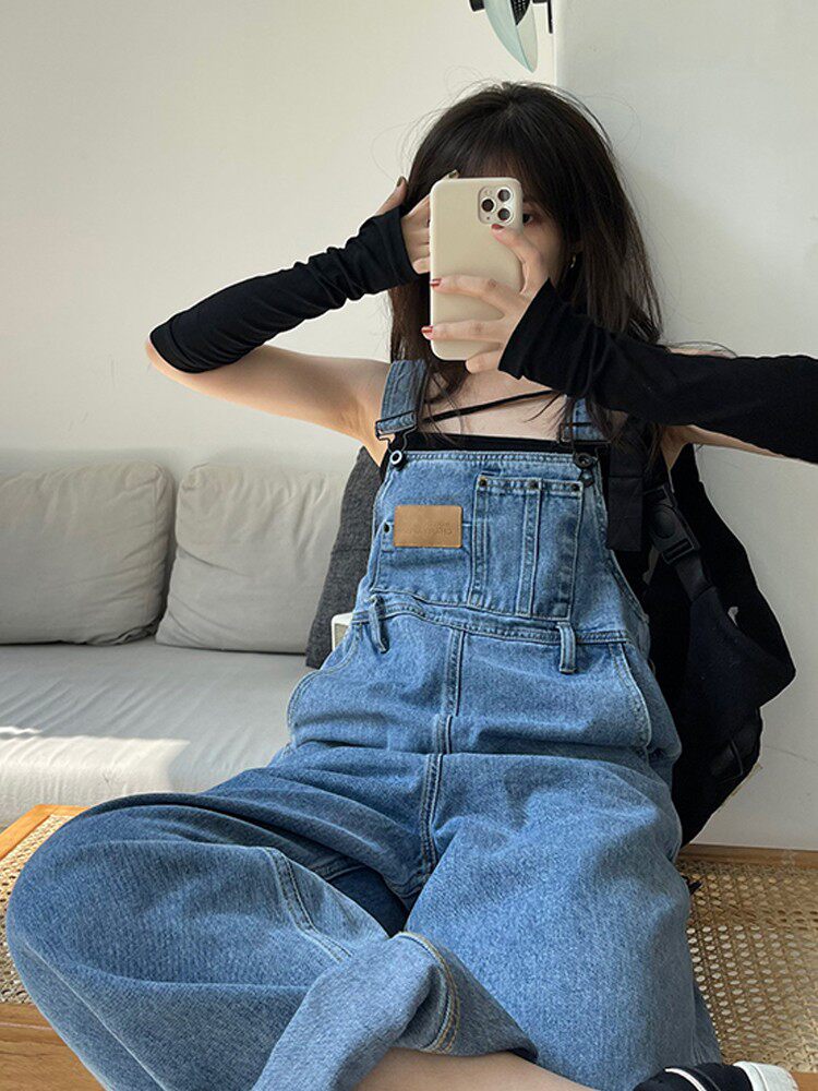 HEAVY INDUSTRY EMBROIDERED DENIM BIB WOMENS SUMMER THIN HIGH-WAISTED LOOSE SLIM AMERICAN RETRO WIDE-LEG MOPPING TROUSERS