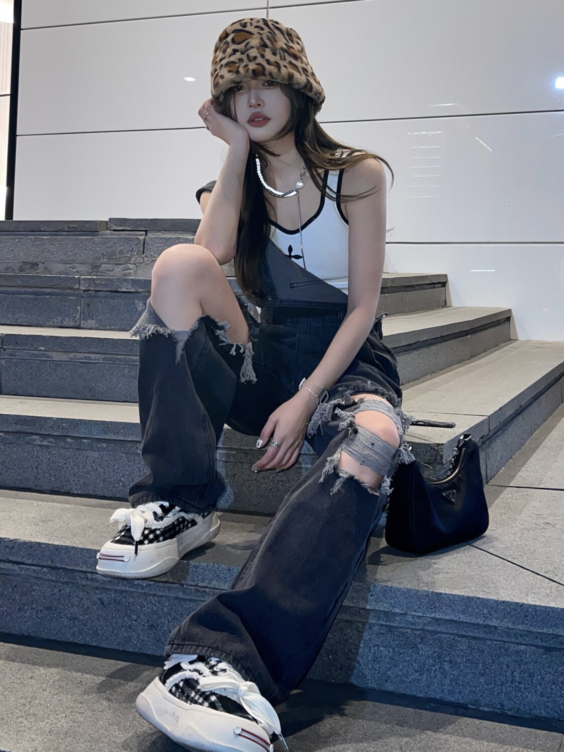 RIPPED DENIM BIB WOMENS SUMMER THIN INTERNET CELEBRITY FRIED STREET DESIGN SENSE HOT GIRL STYLE HIGH-WAISTED LOOSE WIDE-LEG TROUSERS