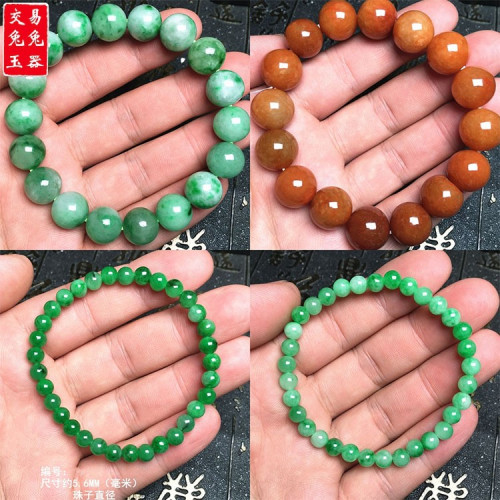 缅甸豆色满绿翡翠圆形玉珠手链 满色翡翠玉手串 绿色飘花玉手链