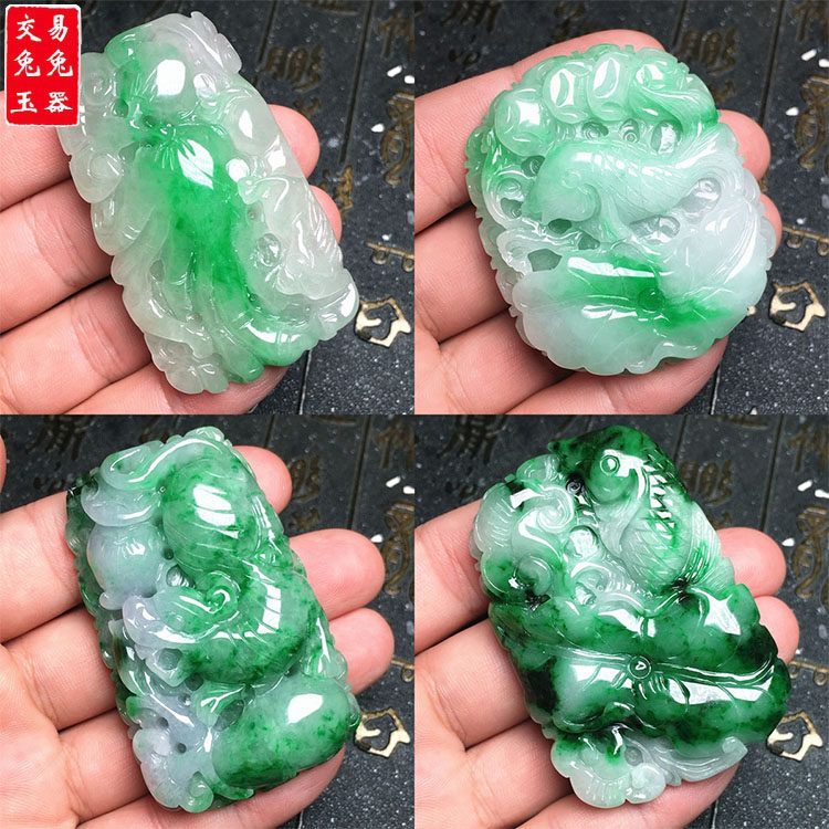 缅甸阳绿飘花翡翠福禄寿吊坠 冰阳绿年年有余玉坠 生肖麒麟福寿玉
