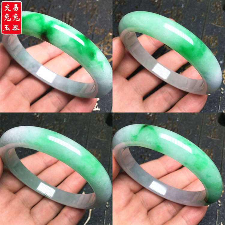 缅甸阳绿飘花翡翠玉手镯 阳绿飘绿玉手环 绿色飘花玉镯