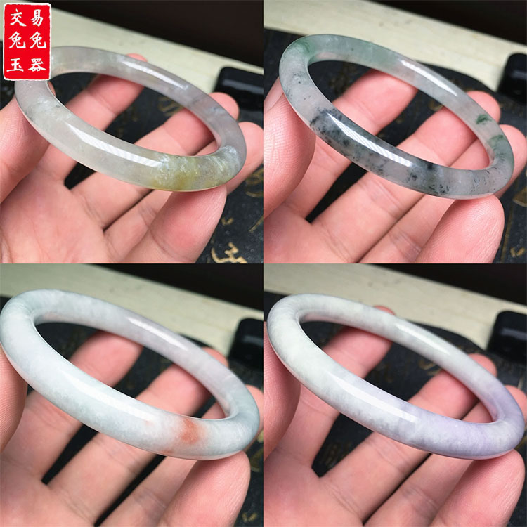缅甸冰黄飘花翡翠玉手镯 乌鸡圆条玉镯 紫罗兰玉手环 红翡玉镯