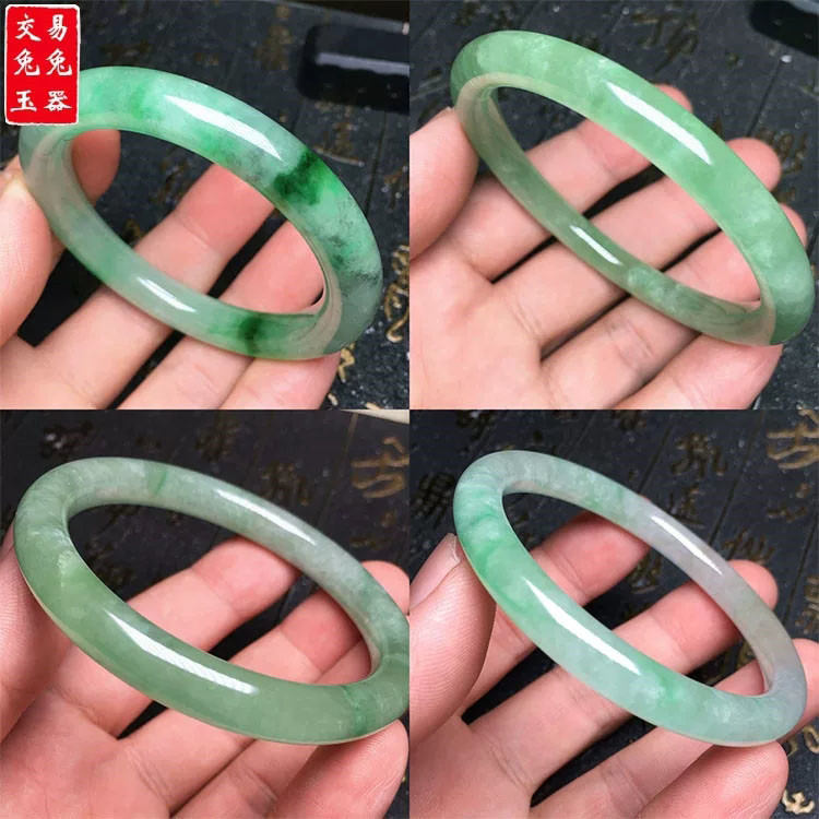缅甸冰飘花翡翠圆条玉手镯 飘蓝花翡翠玉手环 玉镯