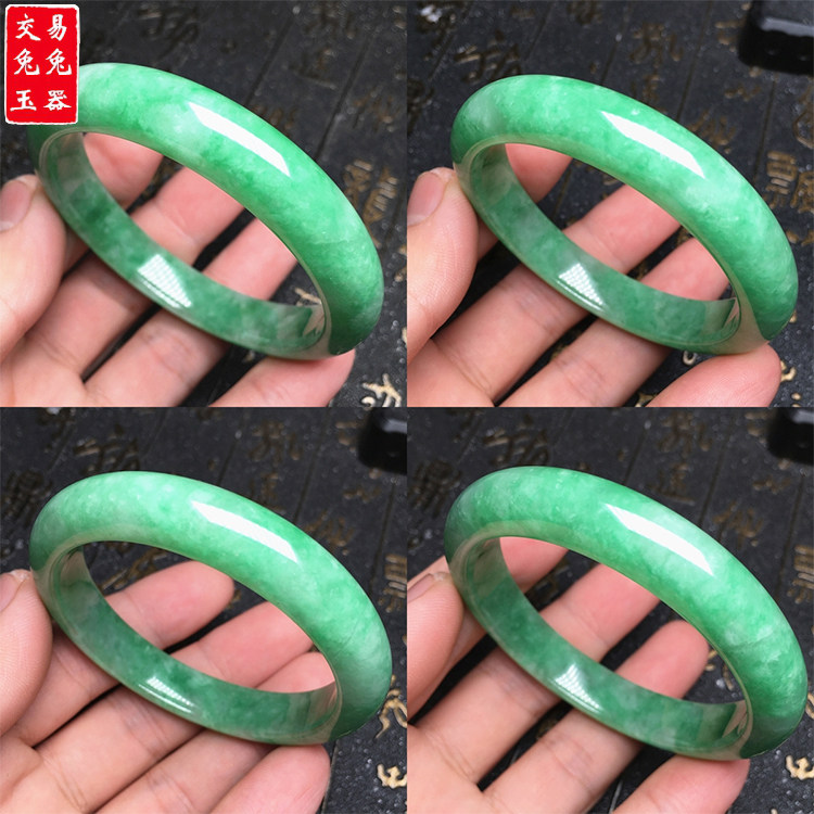 缅甸豆色果绿翡翠玉手镯 豆色果绿玉手环 果绿色玉镯