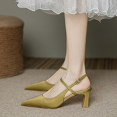 高跟鞋 百搭配裙子一字带包头单鞋 凉鞋 新款 女 女粗跟2025夏季 时装